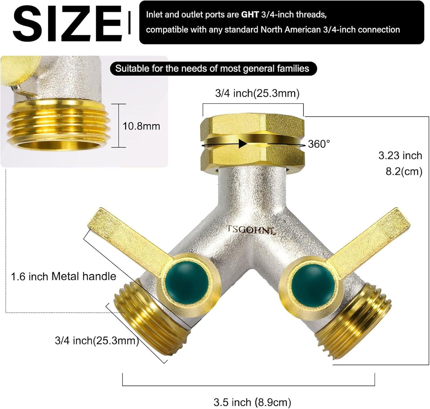 Garden Hose splitter, Heavy Duty Solid Brass Y splitter, Rust Resistant Two-Way Faucet splitter, Frost Resistant Outdoor Hose splitter，Brass Nickel，Extended Metal Handle Valve