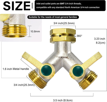 Garden Hose splitter, Heavy Duty Solid Brass Y splitter, Rust Resistant Two-Way Faucet splitter, Frost Resistant Outdoor Hose splitter，Brass Nickel，Extended Metal Handle Valve