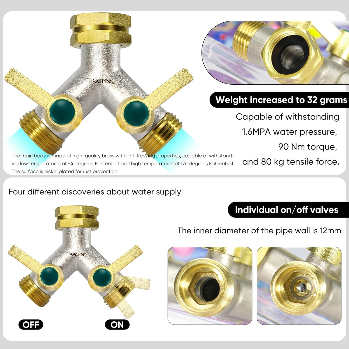 Garden Hose splitter, Heavy Duty Solid Brass Y splitter, Rust Resistant Two-Way Faucet splitter, Frost Resistant Outdoor Hose splitter，Brass Nickel，Extended Metal Handle Valve