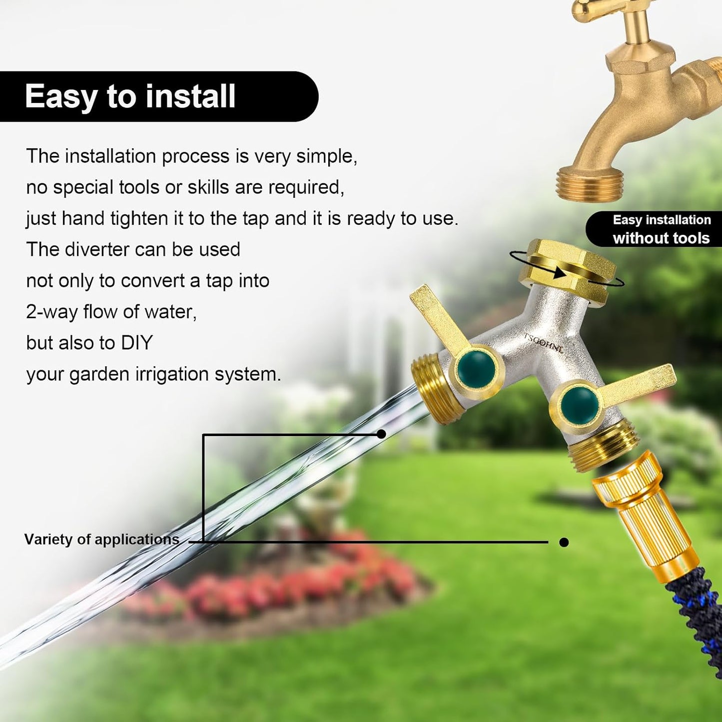 Garden Hose splitter, Heavy Duty Solid Brass Y splitter, Rust Resistant Two-Way Faucet splitter, Frost Resistant Outdoor Hose splitter，Brass Nickel，Extended Metal Handle Valve