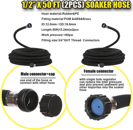 Soaker Hose 50 ft 2 Pack Upgraded Accessories 1/2" Garden Drip Hoses