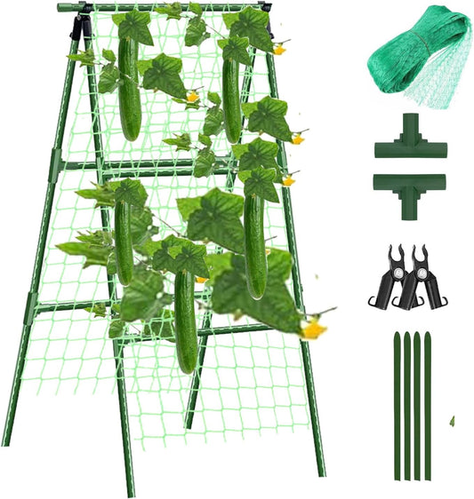 Small Size Garden Cucumber Trellis for Climbing Plants Outdoor, 47x16 inch A Frame Cucumber Trellis for Garden Raised Bed, Plant Support for Vegetable Vine Pea Bean, with Netting