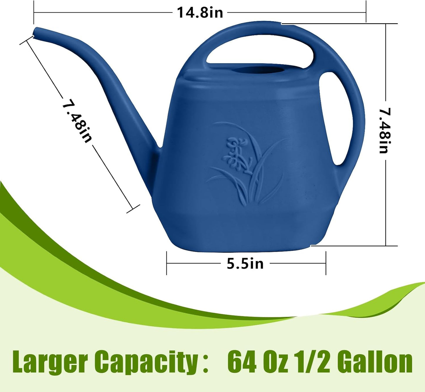 Plastic Watering Can - for Indoor and Outdoor Home Garden Plants - with Long Spout - Blue - 1/2 Gallon