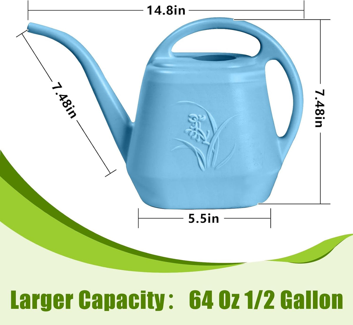 Plastic Watering Can - for Indoor and Outdoor Home Garden Plants - with Long Spout - Blue - 1/2 Gallon