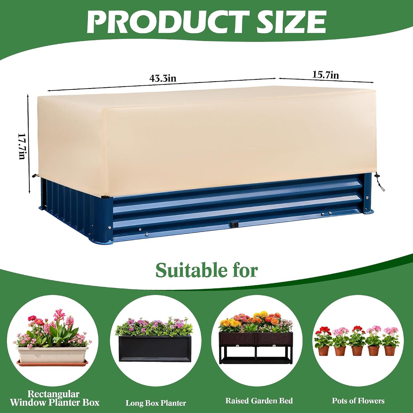 Plant Freeze Protection Cover 2 Pack with Elastic Drawstring, 3.54 oz/yd² Winter Frost Blanket Cloth Planter Box Covers for Raised Garden Bed Outdoor Flowers Potted, 43.3 x 15.7 x 17.7INCH