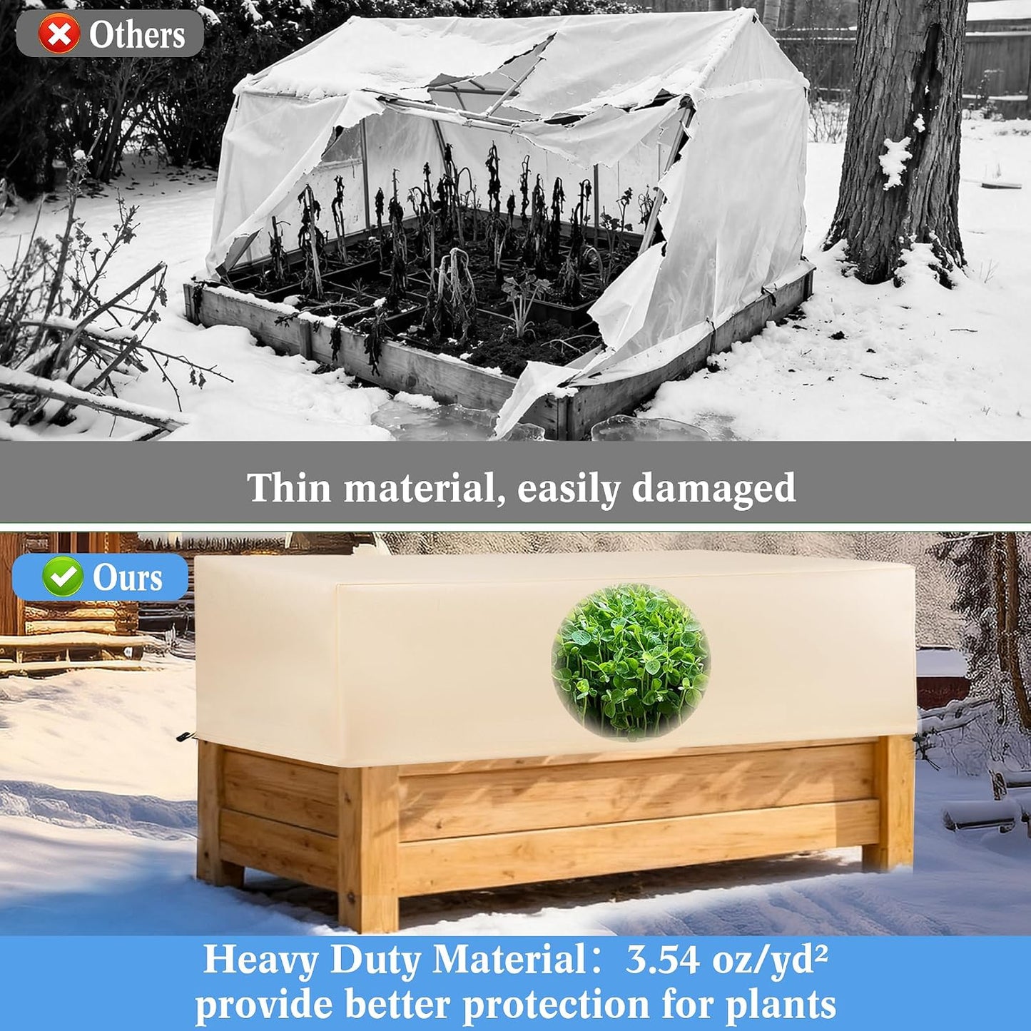 Plant Freeze Protection Cover 2 Pack with Elastic Drawstring, 3.54 oz/yd² Winter Frost Blanket Cloth Planter Box Covers for Raised Garden Bed Outdoor Flowers Potted, 43.3 x 15.7 x 17.7INCH