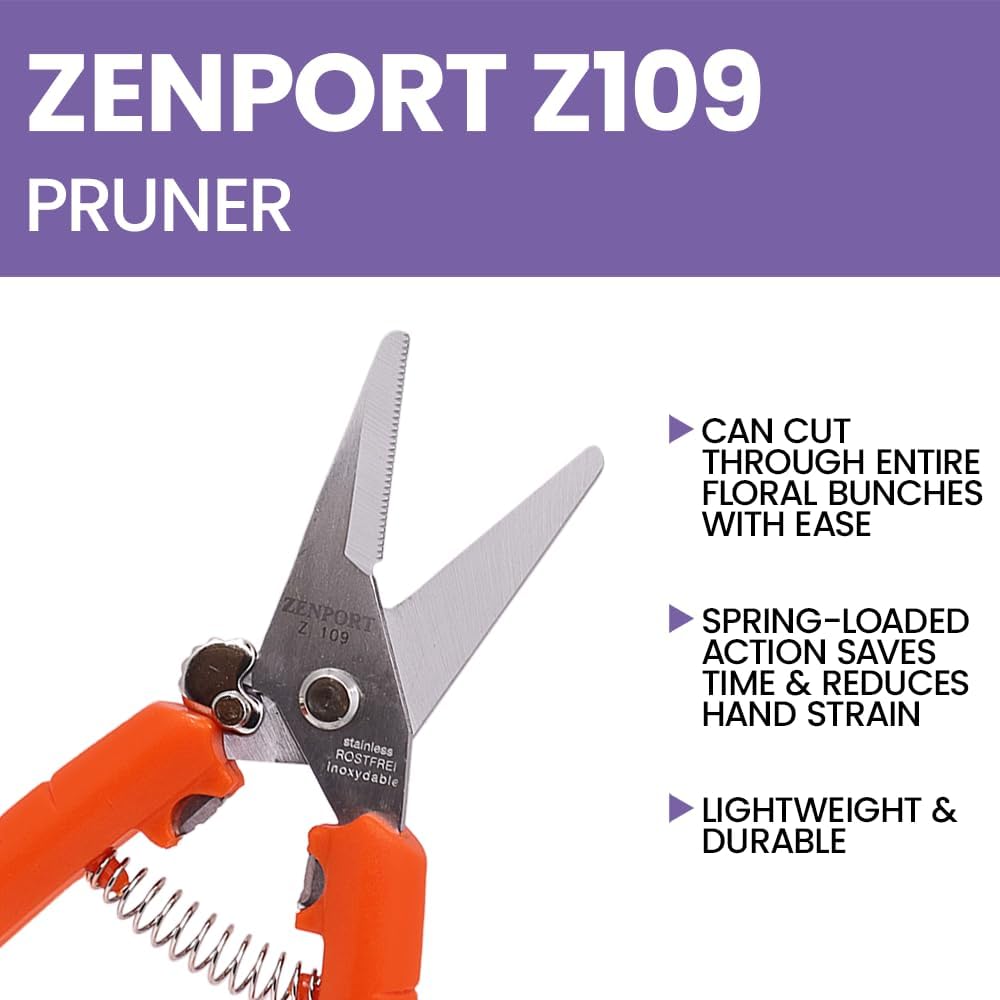 Z109 Stainless Floral Bunch Cutter Shears, Serrated Blade, 7.5-Inch , Orange