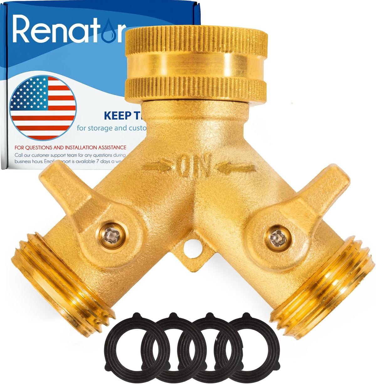 Garden Hose Splitter, 2 Way Heavy Duty Brass Water Hose Splitter Lead-free Compliant, Faucet Spigot Y Splitter for outdoor use Double Valve Adapter Plus 2 Rubber Washers & Tape