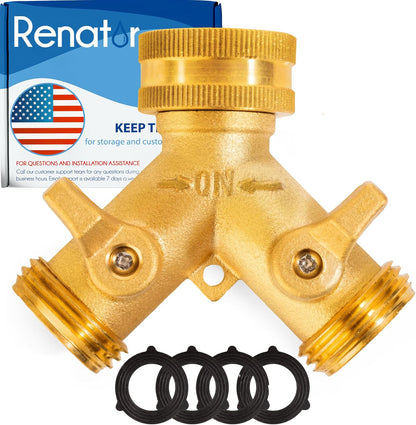Garden Hose Splitter, 2 Way Heavy Duty Brass Water Hose Splitter Lead-free Compliant, Faucet Spigot Y Splitter for outdoor use Double Valve Adapter Plus 2 Rubber Washers & Tape
