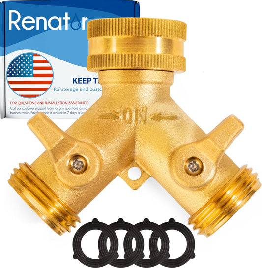 Garden Hose Splitter, 2 Way Heavy Duty Brass Water Hose Splitter Lead-free Compliant, Faucet Spigot Y Splitter for outdoor use Double Valve Adapter Plus 2 Rubber Washers & Tape