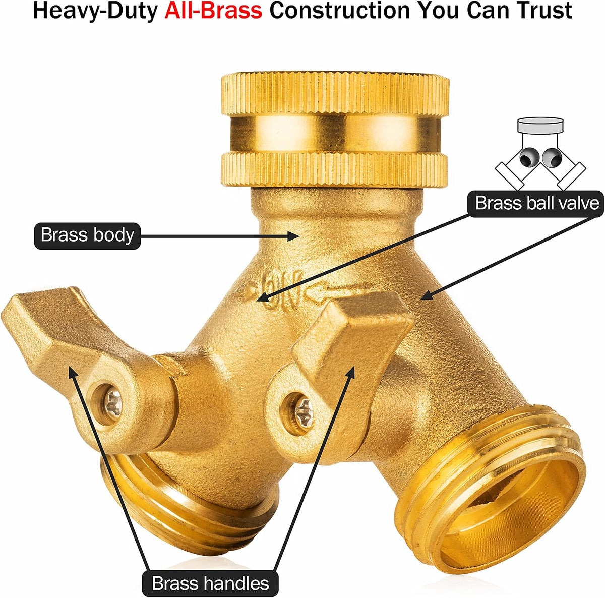 Garden Hose Splitter, 2 Way Heavy Duty Brass Water Hose Splitter Lead-free Compliant, Faucet Spigot Y Splitter for outdoor use Double Valve Adapter Plus 2 Rubber Washers & Tape