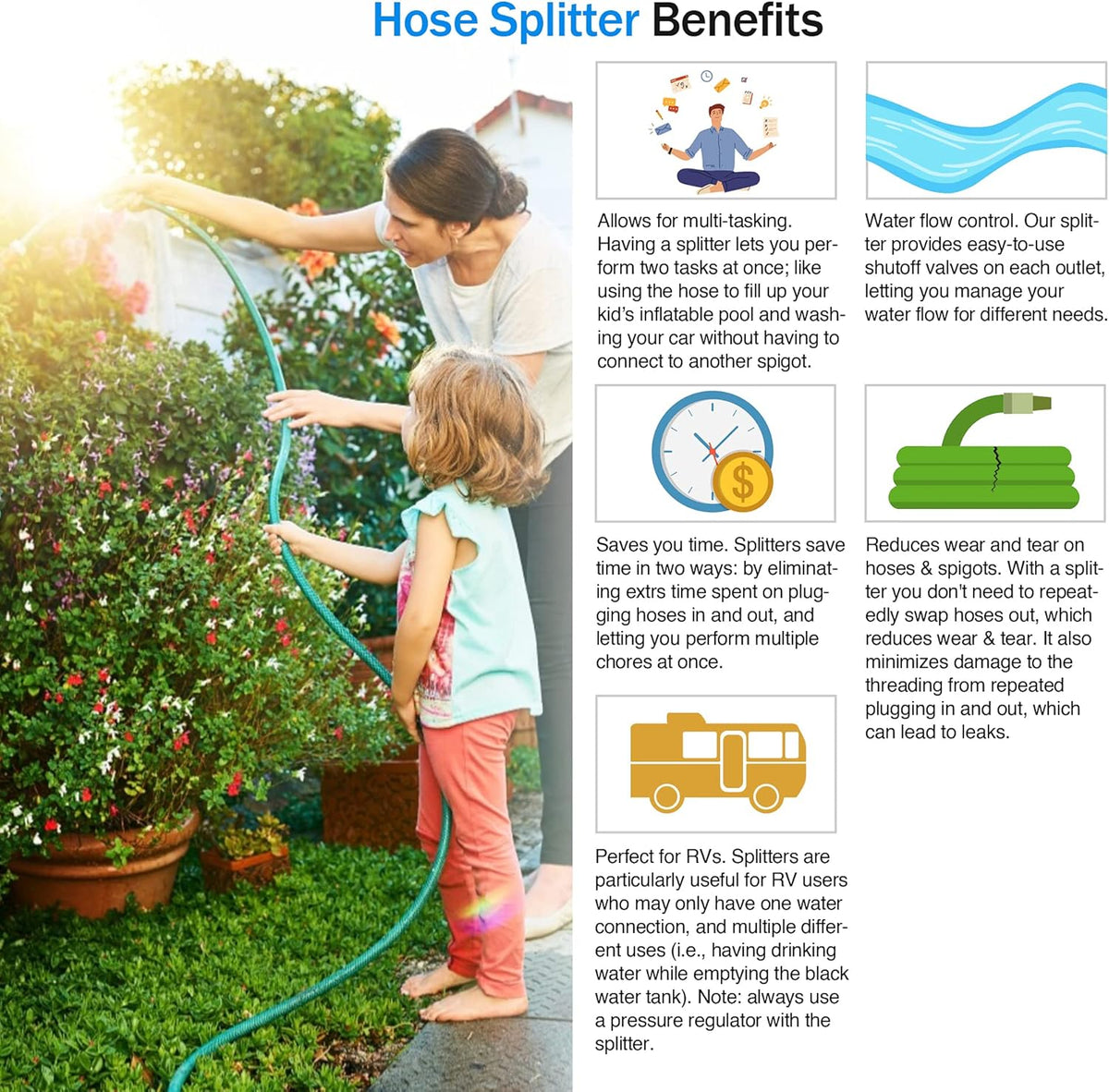 Garden Hose Splitter, 2 Way Heavy Duty Brass Water Hose Splitter Lead-free Compliant, Faucet Spigot Y Splitter for outdoor use Double Valve Adapter Plus 2 Rubber Washers & Tape