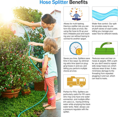 Garden Hose Splitter, 2 Way Heavy Duty Brass Water Hose Splitter Lead-free Compliant, Faucet Spigot Y Splitter for outdoor use Double Valve Adapter Plus 2 Rubber Washers & Tape