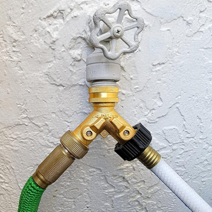 Garden Hose Splitter, 2 Way Heavy Duty Brass Water Hose Splitter Lead-free Compliant, Faucet Spigot Y Splitter for outdoor use Double Valve Adapter Plus 2 Rubber Washers & Tape