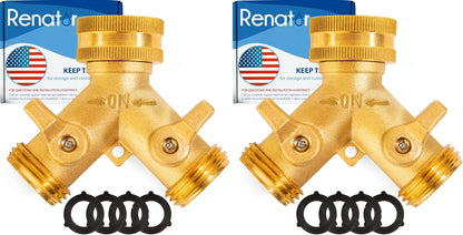 Garden Hose Splitter, 2 Way Heavy Duty Brass Water Hose Splitter Lead-free Compliant, Faucet Spigot Y Splitter for outdoor use Double Valve Adapter Plus 2 Rubber Washers & Tape