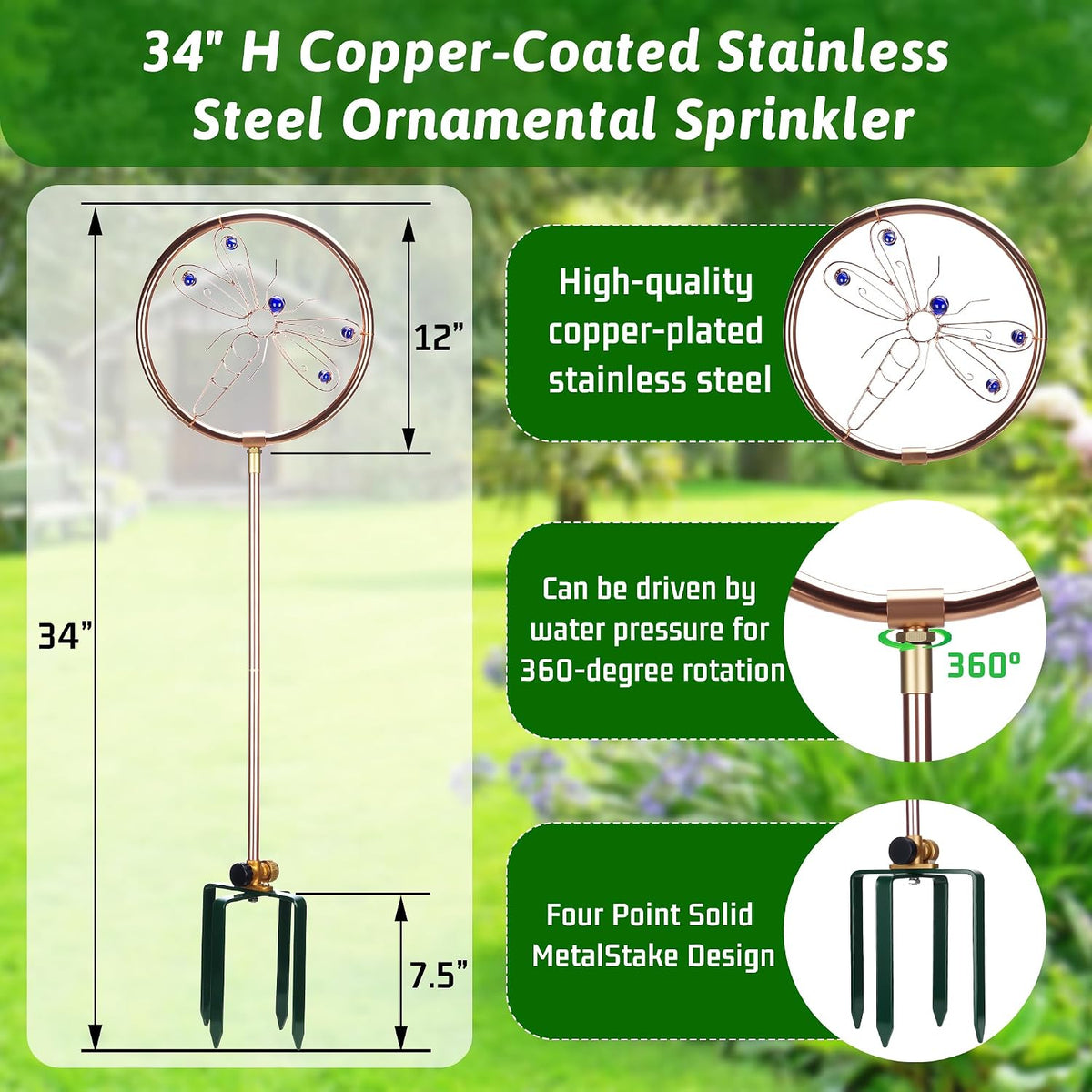 34" Tall Copper-Coated Stainless Steel Garden Sprinkler, 360° Rotating Decorative Ornamental Sprinkler for Lawn, Yard & Landscape Watering (Dragonfly)