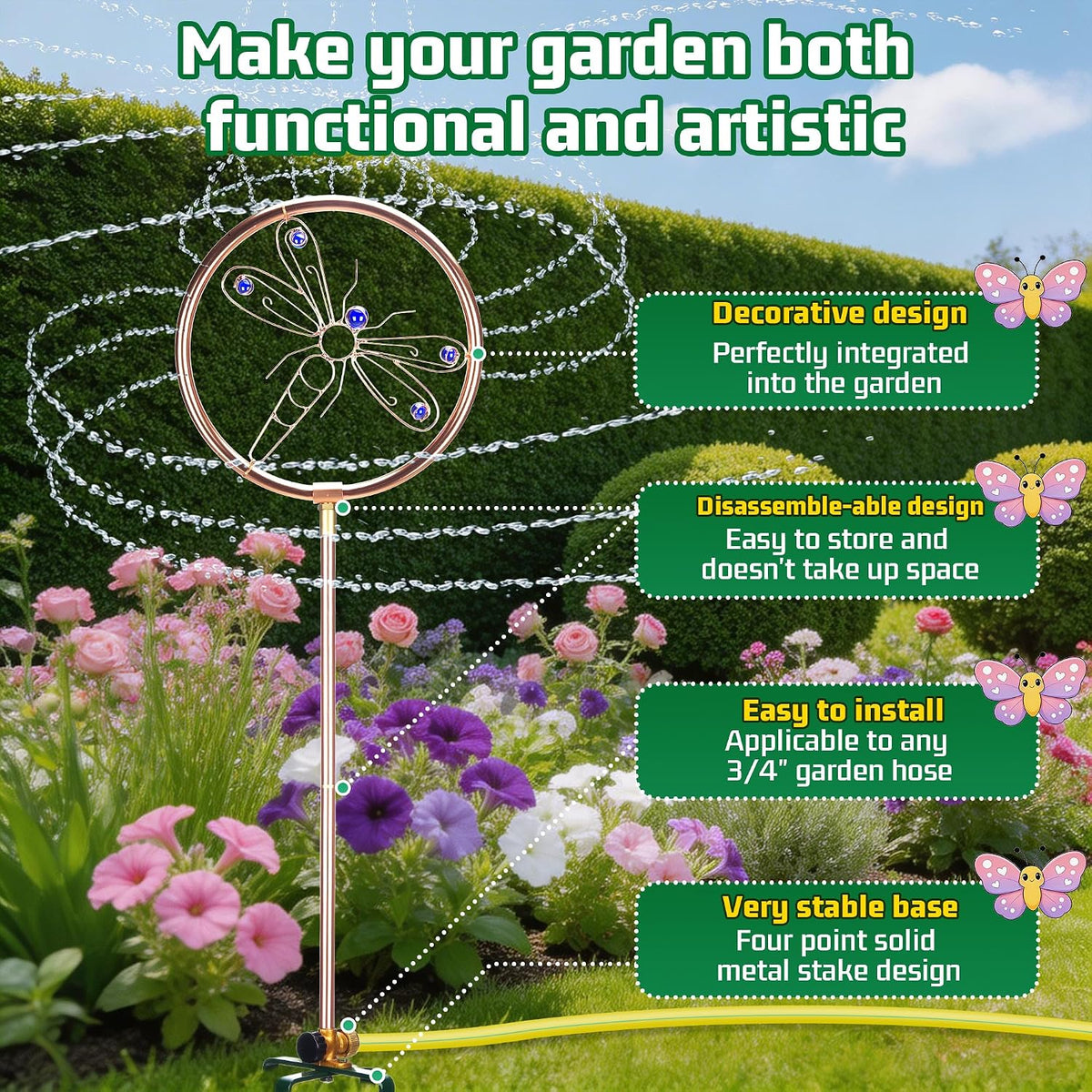 34" Tall Copper-Coated Stainless Steel Garden Sprinkler, 360° Rotating Decorative Ornamental Sprinkler for Lawn, Yard & Landscape Watering (Dragonfly)