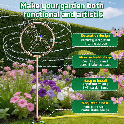 34" Tall Copper-Coated Stainless Steel Garden Sprinkler, 360° Rotating Decorative Ornamental Sprinkler for Lawn, Yard & Landscape Watering (Dragonfly)