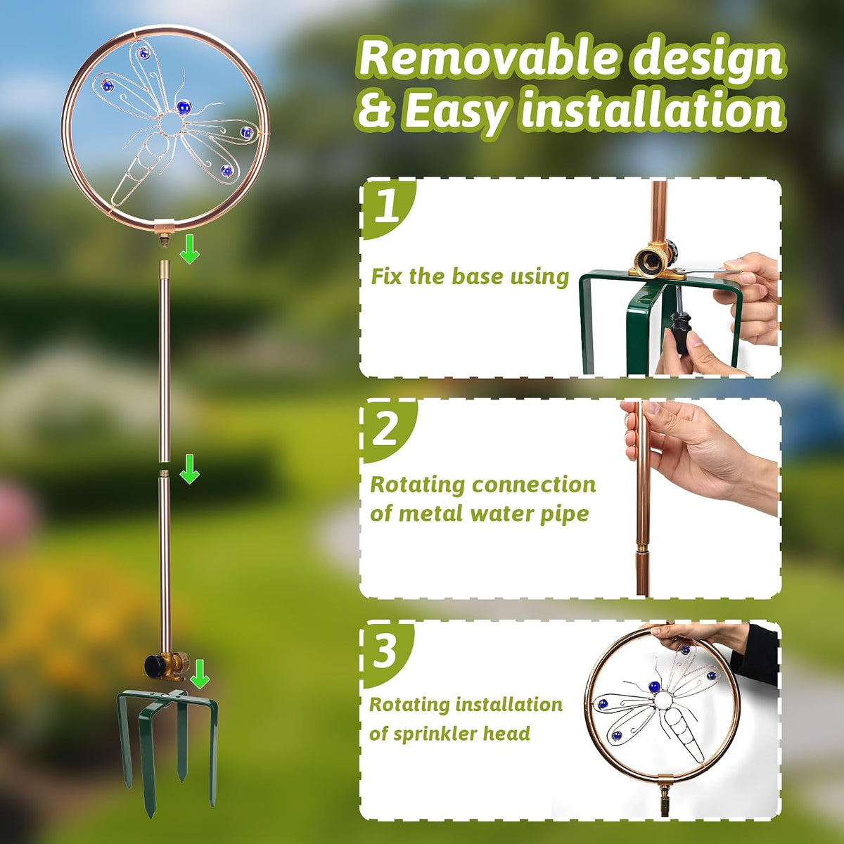 34" Tall Copper-Coated Stainless Steel Garden Sprinkler, 360° Rotating Decorative Ornamental Sprinkler for Lawn, Yard & Landscape Watering (Dragonfly)