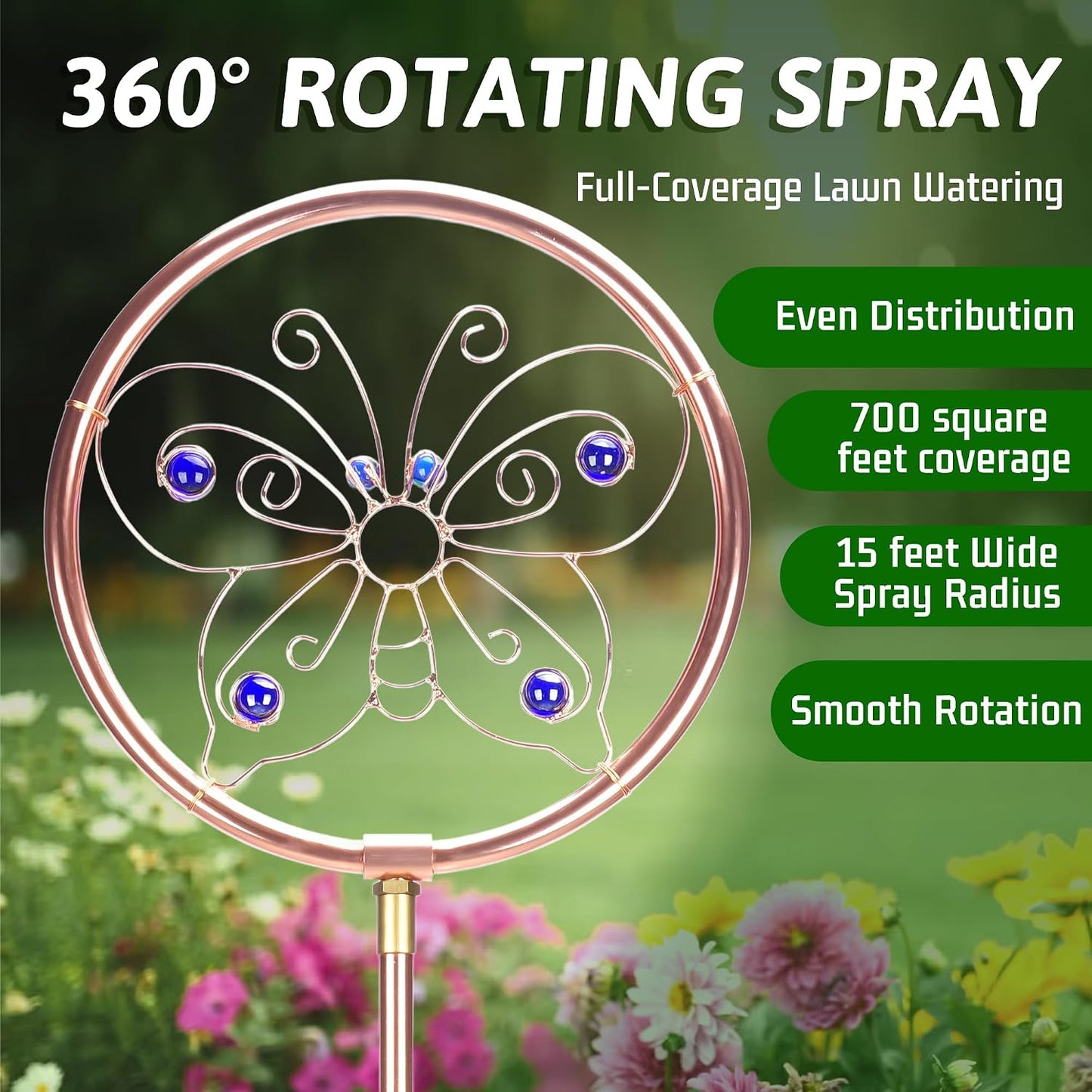 34" Tall Copper-Coated Stainless Steel Garden Sprinkler, 360° Rotating Decorative Ornamental Sprinkler for Lawn, Yard & Landscape Watering (Dragonfly)
