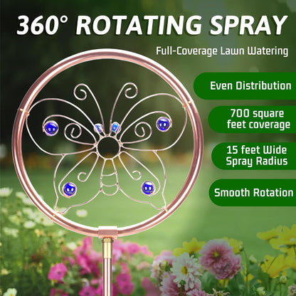 34" Tall Copper-Coated Stainless Steel Garden Sprinkler, 360° Rotating Decorative Ornamental Sprinkler for Lawn, Yard & Landscape Watering (Dragonfly)