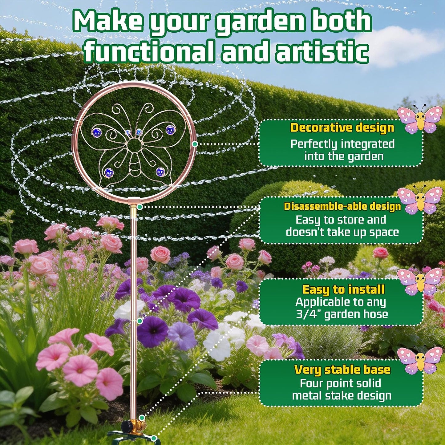 34" Tall Copper-Coated Stainless Steel Garden Sprinkler, 360° Rotating Decorative Ornamental Sprinkler for Lawn, Yard & Landscape Watering (Dragonfly)