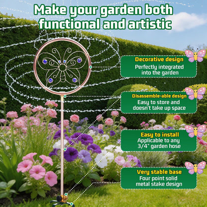 34" Tall Copper-Coated Stainless Steel Garden Sprinkler, 360° Rotating Decorative Ornamental Sprinkler for Lawn, Yard & Landscape Watering (Dragonfly)