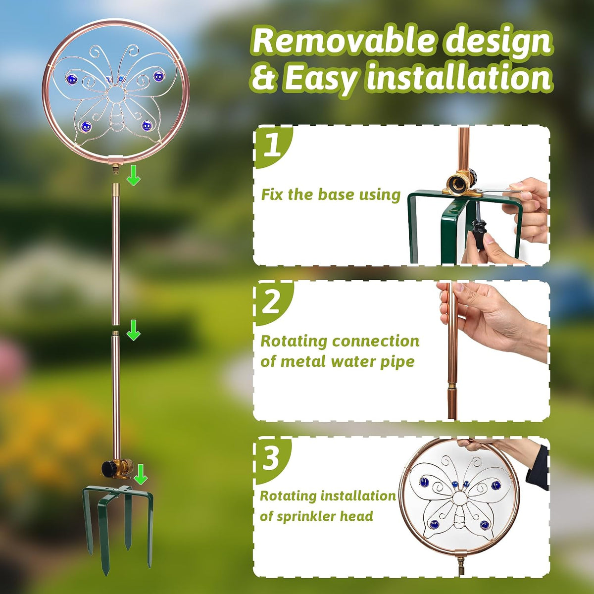 34" Tall Copper-Coated Stainless Steel Garden Sprinkler, 360° Rotating Decorative Ornamental Sprinkler for Lawn, Yard & Landscape Watering (Dragonfly)