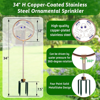 34" Tall Copper-Coated Stainless Steel Garden Sprinkler, 360° Rotating Decorative Ornamental Sprinkler for Lawn, Yard & Landscape Watering (Dragonfly)