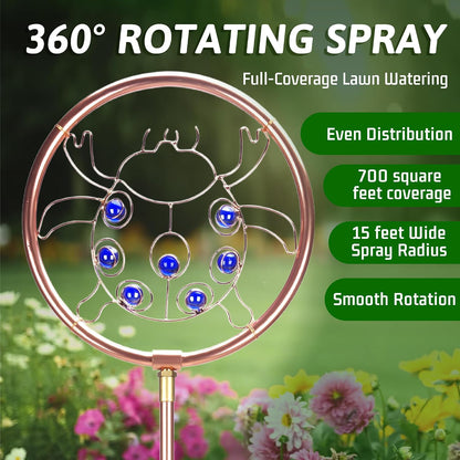 34" Tall Copper-Coated Stainless Steel Garden Sprinkler, 360° Rotating Decorative Ornamental Sprinkler for Lawn, Yard & Landscape Watering (Dragonfly)
