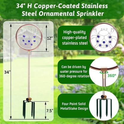 34" Tall Copper-Coated Stainless Steel Garden Sprinkler, 360° Rotating Decorative Ornamental Sprinkler for Lawn, Yard & Landscape Watering (Dragonfly)