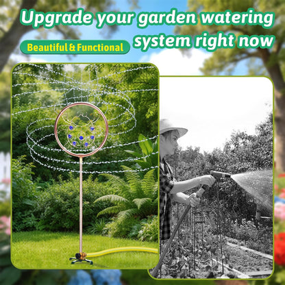 34" Tall Copper-Coated Stainless Steel Garden Sprinkler, 360° Rotating Decorative Ornamental Sprinkler for Lawn, Yard & Landscape Watering (Dragonfly)