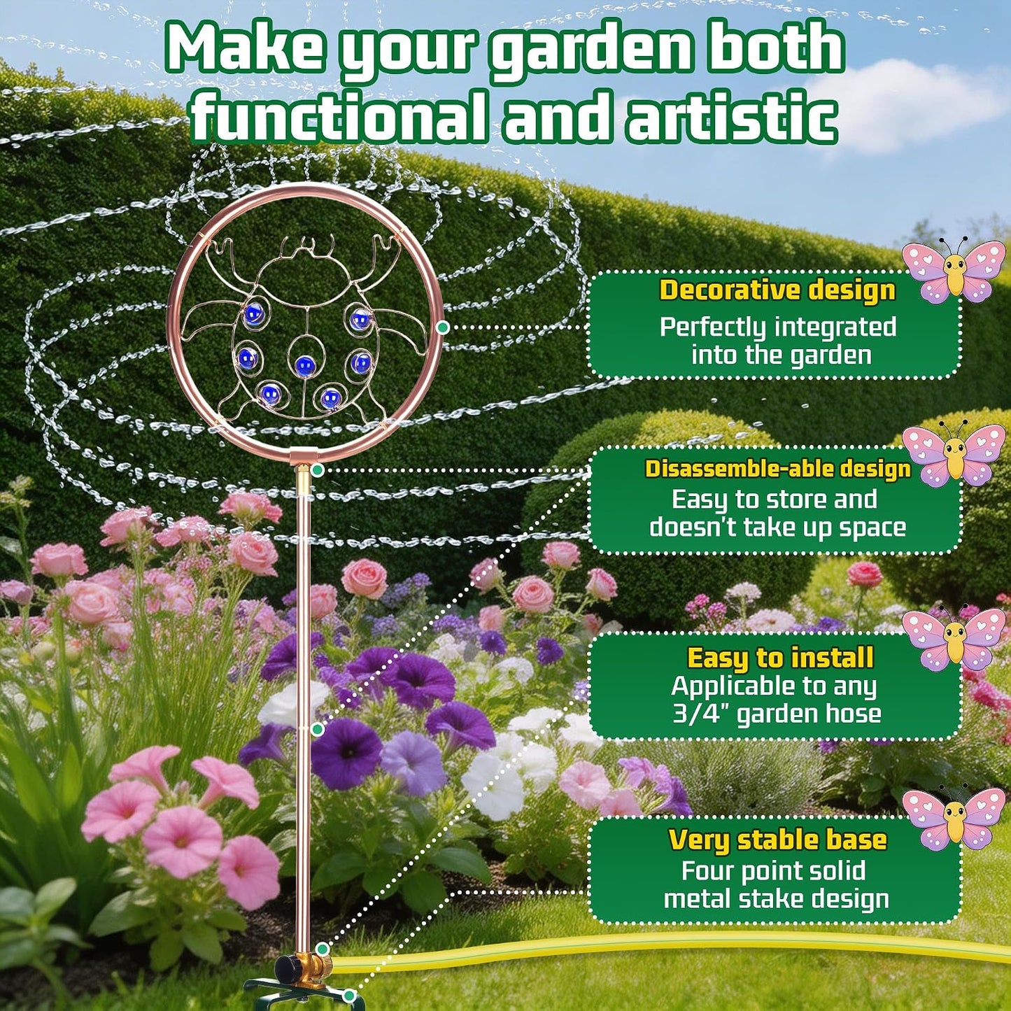 34" Tall Copper-Coated Stainless Steel Garden Sprinkler, 360° Rotating Decorative Ornamental Sprinkler for Lawn, Yard & Landscape Watering (Dragonfly)