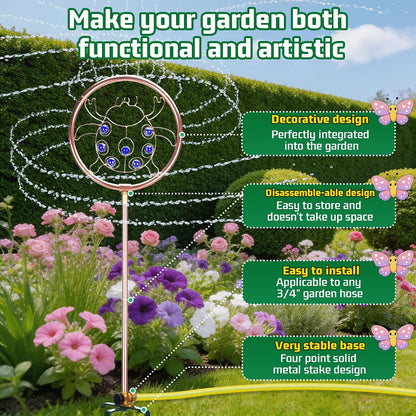 34" Tall Copper-Coated Stainless Steel Garden Sprinkler, 360° Rotating Decorative Ornamental Sprinkler for Lawn, Yard & Landscape Watering (Dragonfly)