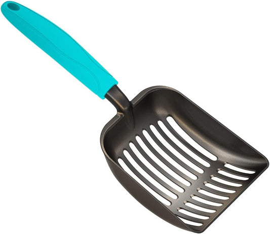 Cat Litter Scoop, Non-Stick Plated Aluminum Alloy Sifter, Kitty Durable Metal Scooper, Deep Shovel, Long Handle, Kitten Pooper Lifter, Size Medium, Coated Black Body with Turkish Blue Handle