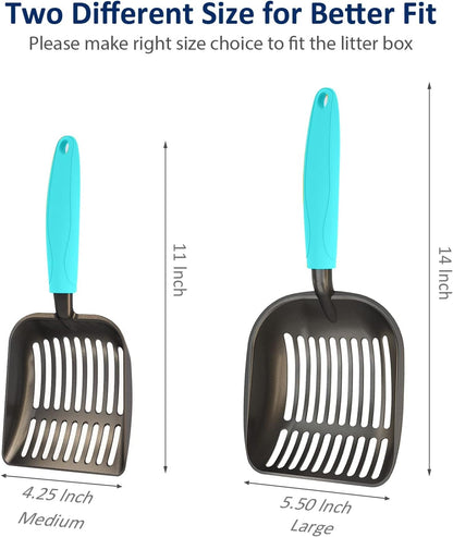 Cat Litter Scoop, Non-Stick Plated Aluminum Alloy Sifter, Kitty Durable Metal Scooper, Deep Shovel, Long Handle, Kitten Pooper Lifter, Size Medium, Coated Black Body with Turkish Blue Handle