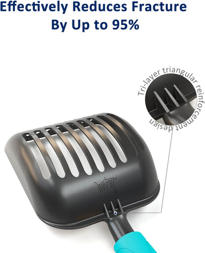 Cat Litter Scoop, Non-Stick Plated Aluminum Alloy Sifter, Kitty Durable Metal Scooper, Deep Shovel, Long Handle, Kitten Pooper Lifter, Size Medium, Coated Black Body with Turkish Blue Handle