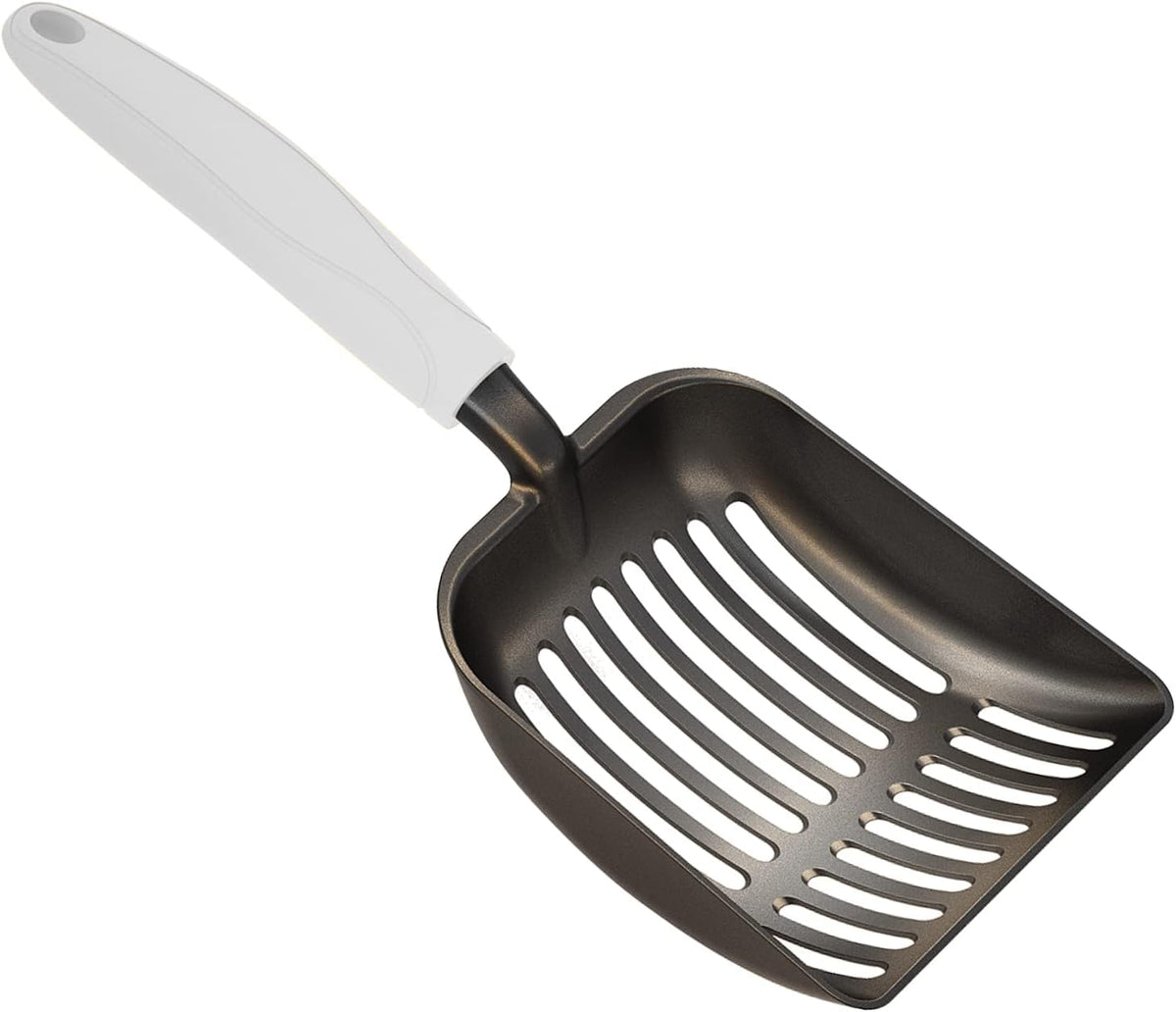 Cat Litter Scoop, Non-Stick Plated Aluminum Alloy Sifter, Kitty Durable Metal Scooper, Deep Shovel, Long Handle, Kitten Pooper Lifter, Size Medium, Coated Black Body with Turkish Blue Handle