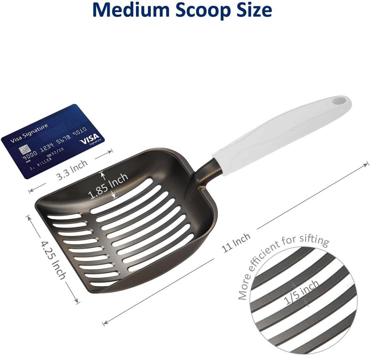 Cat Litter Scoop, Non-Stick Plated Aluminum Alloy Sifter, Kitty Durable Metal Scooper, Deep Shovel, Long Handle, Kitten Pooper Lifter, Size Medium, Coated Black Body with Turkish Blue Handle