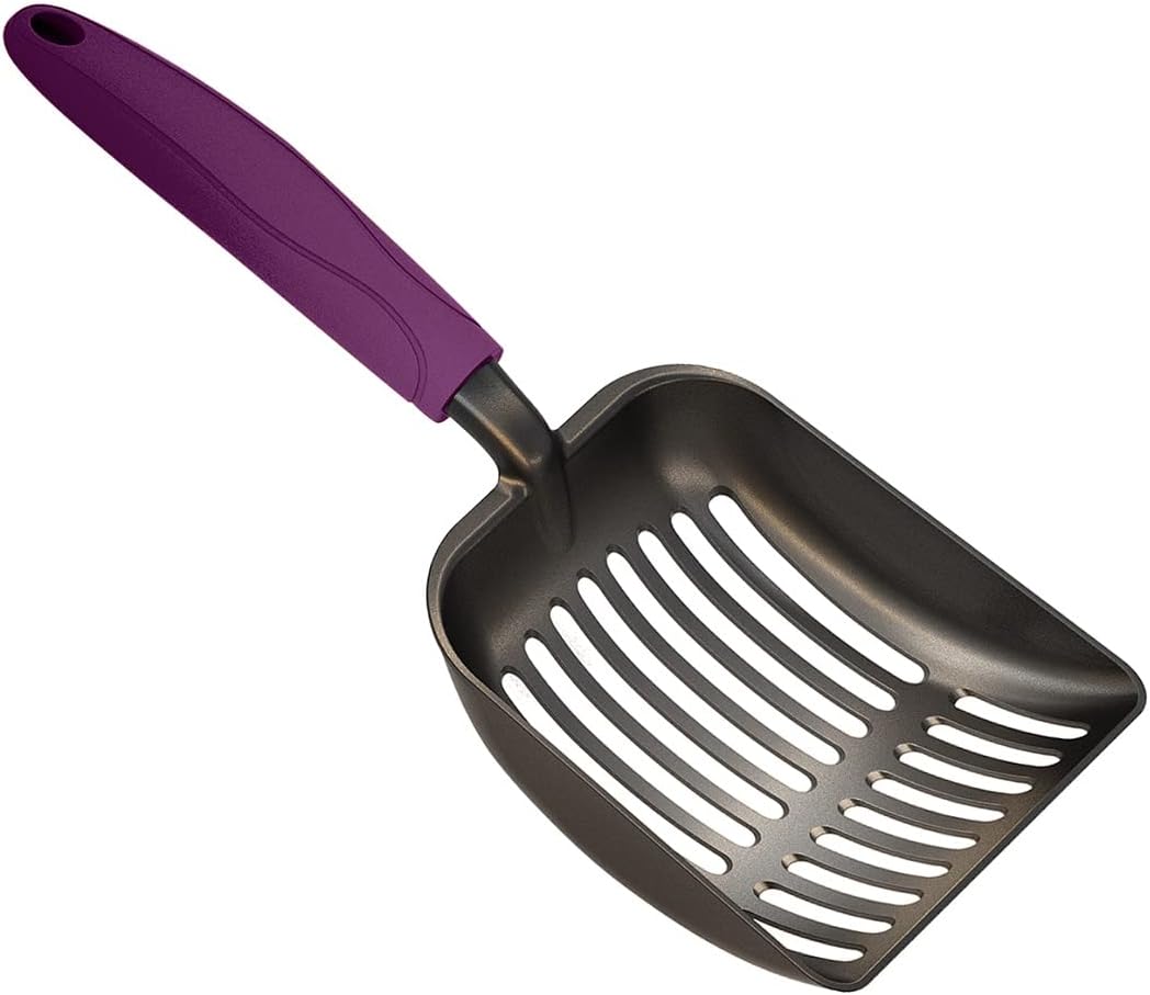 Cat Litter Scoop, Non-Stick Plated Aluminum Alloy Sifter, Kitty Durable Metal Scooper, Deep Shovel, Long Handle, Kitten Pooper Lifter, Size Medium, Coated Black Body with Turkish Blue Handle
