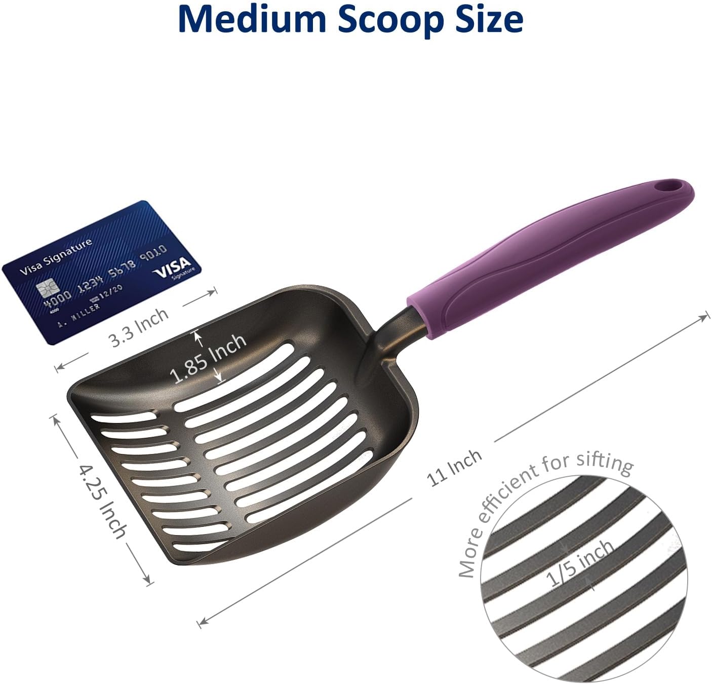 Cat Litter Scoop, Non-Stick Plated Aluminum Alloy Sifter, Kitty Durable Metal Scooper, Deep Shovel, Long Handle, Kitten Pooper Lifter, Size Medium, Coated Black Body with Turkish Blue Handle