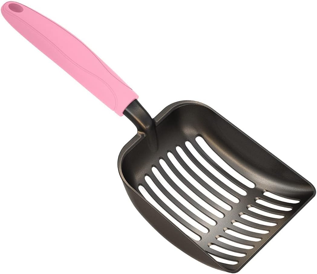 Cat Litter Scoop, Non-Stick Plated Aluminum Alloy Sifter, Kitty Durable Metal Scooper, Deep Shovel, Long Handle, Kitten Pooper Lifter, Size Medium, Coated Black Body with Turkish Blue Handle