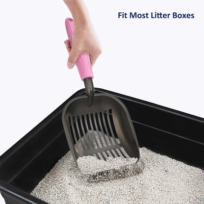 Cat Litter Scoop, Non-Stick Plated Aluminum Alloy Sifter, Kitty Durable Metal Scooper, Deep Shovel, Long Handle, Kitten Pooper Lifter, Size Medium, Coated Black Body with Turkish Blue Handle