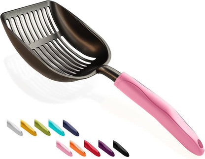 Cat Litter Scoop, Non-Stick Plated Aluminum Alloy Sifter, Kitty Durable Metal Scooper, Deep Shovel, Long Handle, Kitten Pooper Lifter, Size Medium, Coated Black Body with Turkish Blue Handle