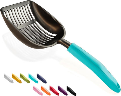 Cat Litter Scoop, Non-Stick Plated Aluminum Alloy Sifter, Kitty Durable Metal Scooper, Deep Shovel, Long Handle, Kitten Pooper Lifter, Size Medium, Coated Black Body with Turkish Blue Handle