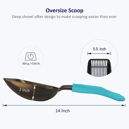 Cat Litter Scoop, Non-Stick Plated Aluminum Alloy Sifter, Kitty Durable Metal Scooper, Deep Shovel, Long Handle, Kitten Pooper Lifter, Size Medium, Coated Black Body with Turkish Blue Handle