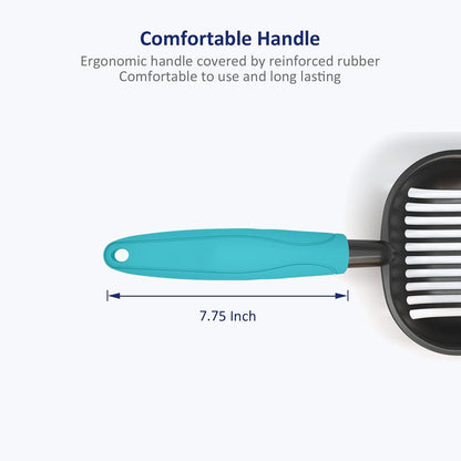 Cat Litter Scoop, Non-Stick Plated Aluminum Alloy Sifter, Kitty Durable Metal Scooper, Deep Shovel, Long Handle, Kitten Pooper Lifter, Size Medium, Coated Black Body with Turkish Blue Handle