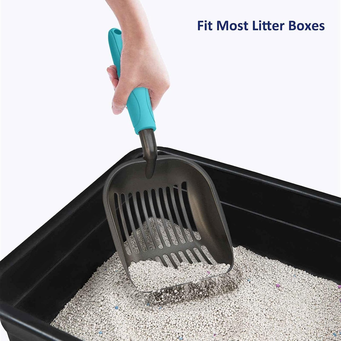 Cat Litter Scoop, Non-Stick Plated Aluminum Alloy Sifter, Kitty Durable Metal Scooper, Deep Shovel, Long Handle, Kitten Pooper Lifter, Size Medium, Coated Black Body with Turkish Blue Handle