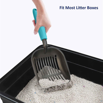 Cat Litter Scoop, Non-Stick Plated Aluminum Alloy Sifter, Kitty Durable Metal Scooper, Deep Shovel, Long Handle, Kitten Pooper Lifter, Size Medium, Coated Black Body with Turkish Blue Handle