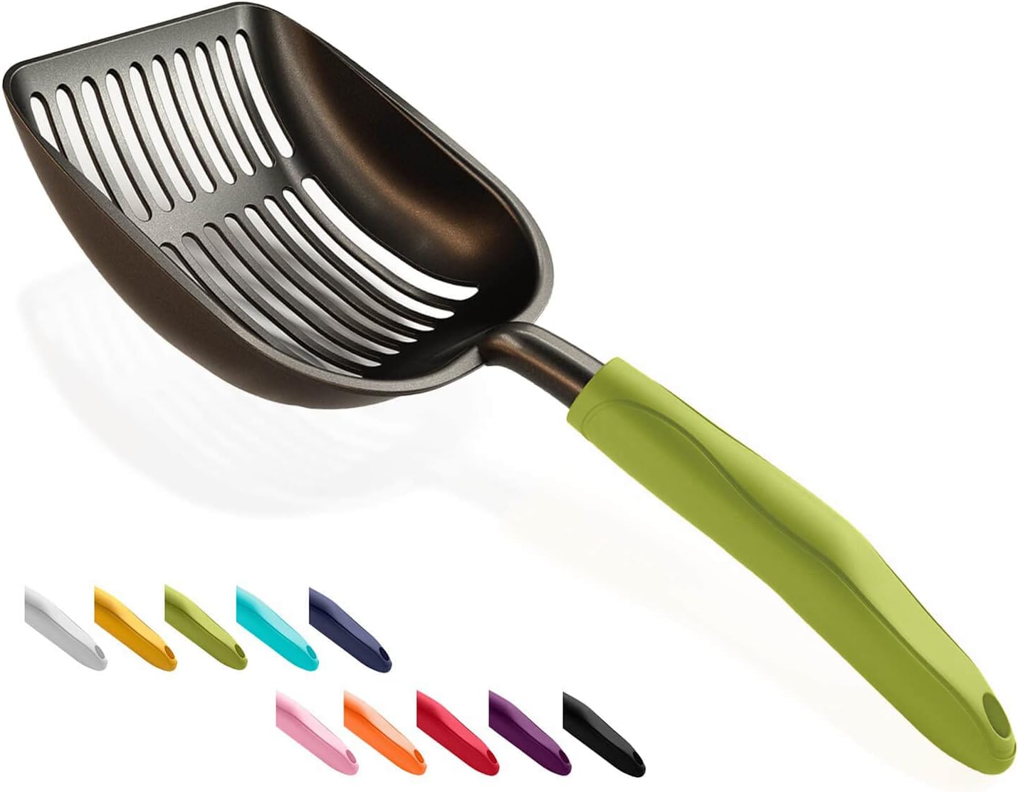 Cat Litter Scoop, Non-Stick Plated Aluminum Alloy Sifter, Kitty Durable Metal Scooper, Deep Shovel, Long Handle, Kitten Pooper Lifter, Size Medium, Coated Black Body with Turkish Blue Handle